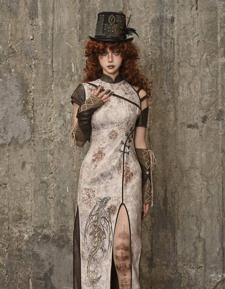 Street Fashion Punk - Vestido Cheongsam Steampunk con Bordado de